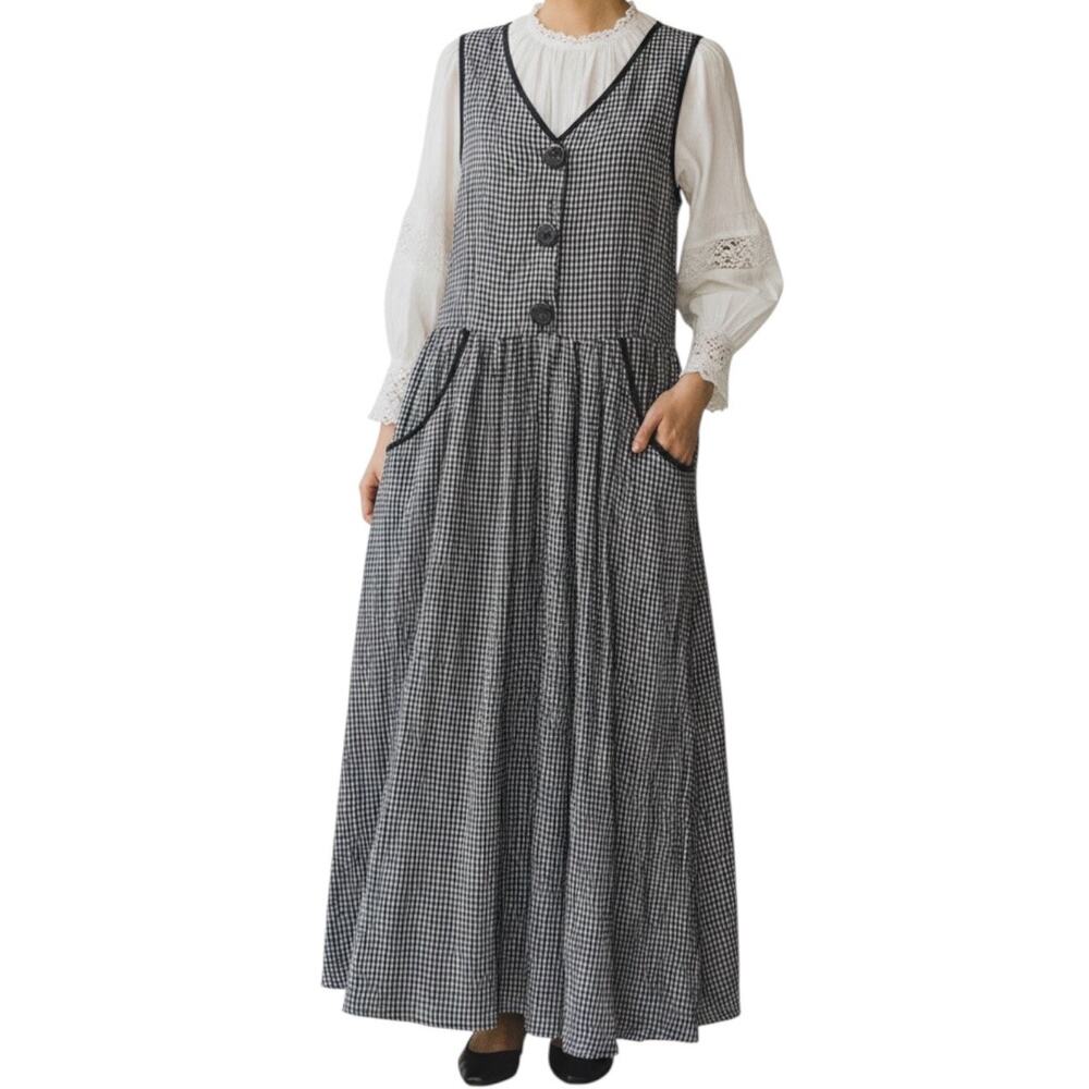 Vintage 90s Blue White Plaid Sleeveless Tiered Maxi Dress Pockets Medium